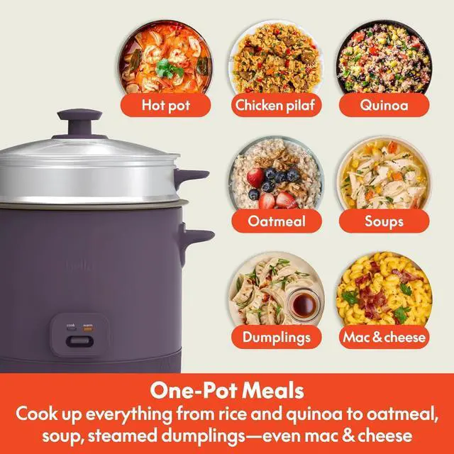 Alt view image 5 of 7 - bella 16 Cup Rice Cooker with Steamer, Dishwasher Safe Steaming Basket, Rice Paddle and Measuring Cup, Removable Nonstick Cooking Bowl, Automatic Keep Warm Function, 400 Watt, Plum