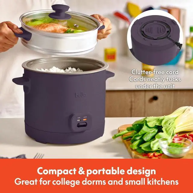 Alt view image 7 of 7 - bella 16 Cup Rice Cooker with Steamer, Dishwasher Safe Steaming Basket, Rice Paddle and Measuring Cup, Removable Nonstick Cooking Bowl, Automatic Keep Warm Function, 400 Watt, Plum