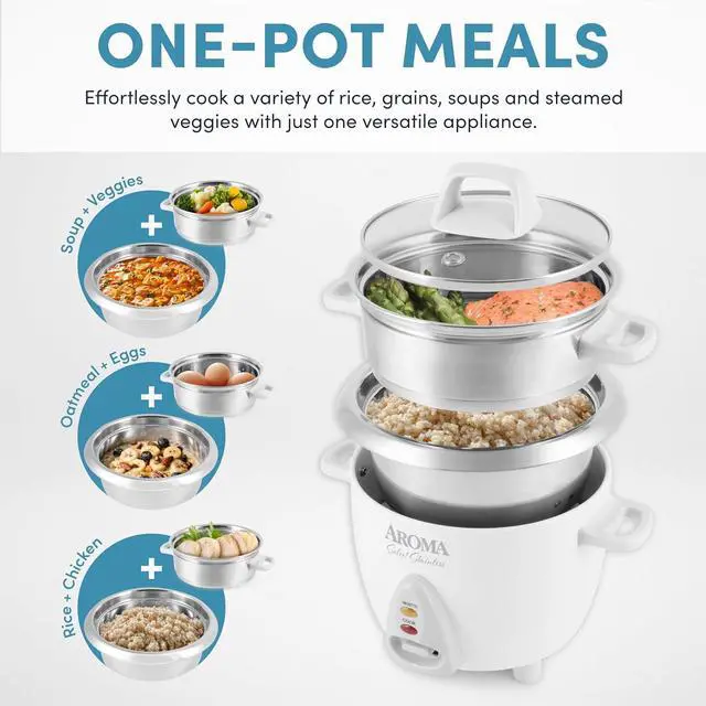 Alt view image 2 of 7 - Aroma Housewares 6-Cup (Cooked yield ) / 1.2Qt. Select Stainless Pot-Style Rice Cooker, & Food Steamer, One-Touch Operation, White