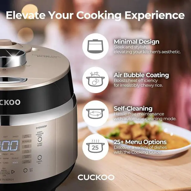 Alt view image 3 of 7 - CUCKOO CRP-EHSS0309FG 3-Cup (Uncooked) / 6-Cup (Cooked) Induction Heating Pressure Rice Cooker with Nonstick Inner Pot, 16 Menu Modes, Fuzzy Logic Tech, 3 Voice Guide, Auto Clean (Gold)