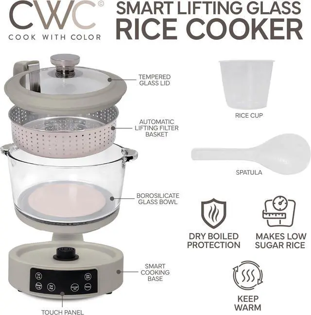 Alt view image 2 of 4 - COOK WITH COLOR 3L Glass Low Carb Rice Cooker - Makes 6 Cups Low Sugar Rice with Auto Lift Filter Basket, Hotpot & Steamer for Rice, Grains and Oats, Digital Panel with Keep Warm Function, Sand
