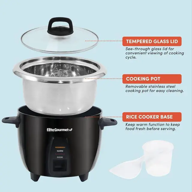 Alt view image 4 of 7 - Elite Gourmet ERC2010B Electric Rice Cooker with Stainless Steel Inner Pot Makes Soups, Stews, Porridge's, Grains and Cereals, 10 cups cooked (5 Cups uncooked), Black