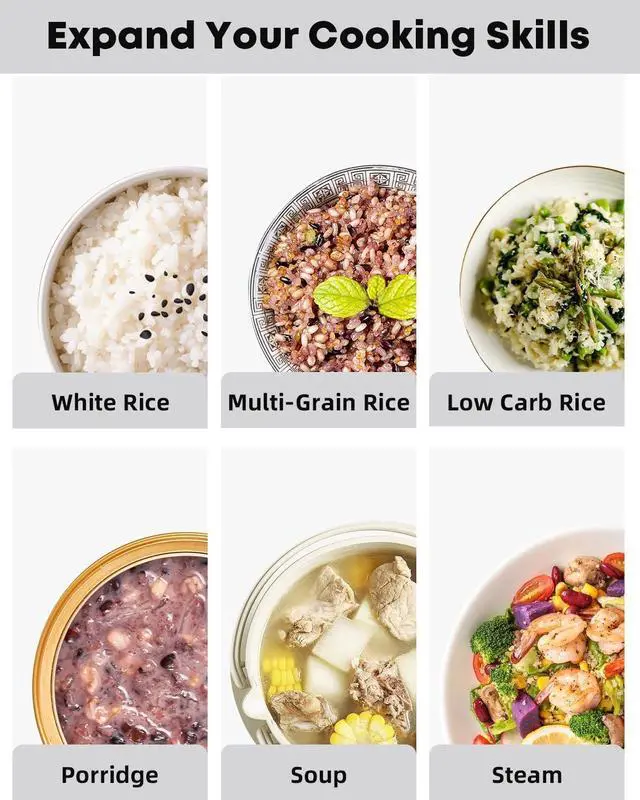 Alt view image 5 of 7 - Low Carb Rice Cooker Stainless Steel Inner Pot, Mini Stainless Steel Rice Cooker Small 5 Cup, LED Display Low Sugar Rice Maker, 24H Timer and Auto Keep Warm, White Rice/Porridge/Oatmeal, White