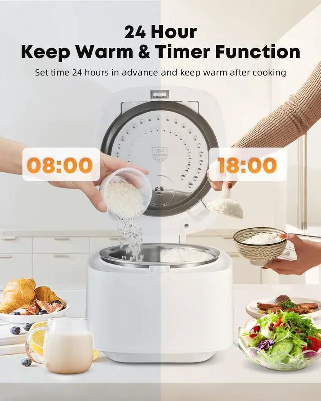 Alt view image 6 of 7 - Low Carb Rice Cooker Stainless Steel Inner Pot, Mini Stainless Steel Rice Cooker Small 5 Cup, LED Display Low Sugar Rice Maker, 24H Timer and Auto Keep Warm, White Rice/Porridge/Oatmeal, White