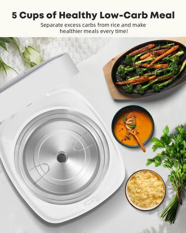 Alt view image 7 of 7 - Low Carb Rice Cooker Stainless Steel Inner Pot, Mini Stainless Steel Rice Cooker Small 5 Cup, LED Display Low Sugar Rice Maker, 24H Timer and Auto Keep Warm, White Rice/Porridge/Oatmeal, White