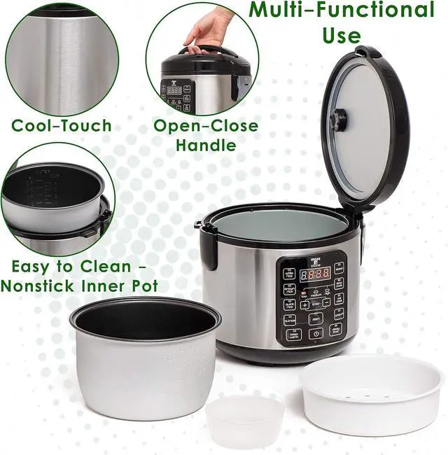Alt view image 2 of 7 - Moss & Stone - Small Digital Electric Rice Cooker, 4-8 Cups, 10 Preset Settings, Brown and White Rice Steamer, Slow Cooker with Steamer for Vegetables, Pot