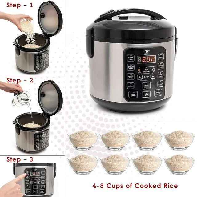 Alt view image 3 of 7 - Moss & Stone - Small Digital Electric Rice Cooker, 4-8 Cups, 10 Preset Settings, Brown and White Rice Steamer, Slow Cooker with Steamer for Vegetables, Pot