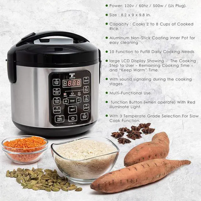 Alt view image 4 of 7 - Moss & Stone - Small Digital Electric Rice Cooker, 4-8 Cups, 10 Preset Settings, Brown and White Rice Steamer, Slow Cooker with Steamer for Vegetables, Pot