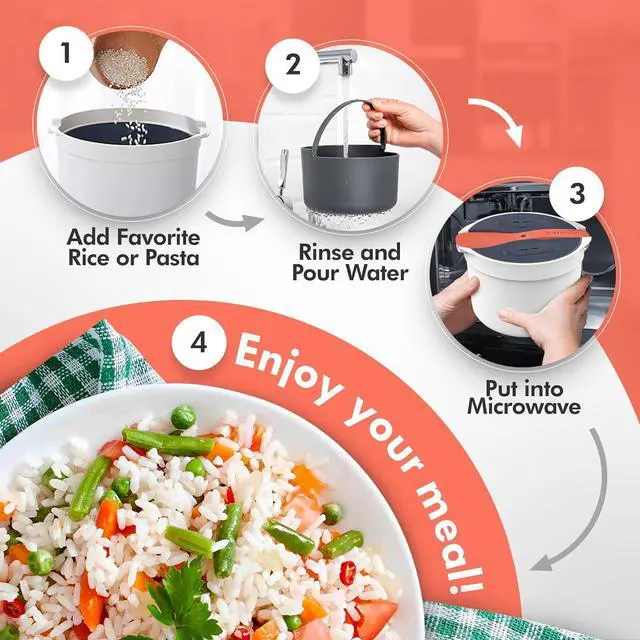 Alt view image 7 of 7 - Microwave Rice Cooker Steamer and Pasta Cooker with Strainer - Mess-Free Design, Dishwasher Safe, Cooks Up to 8 Cups