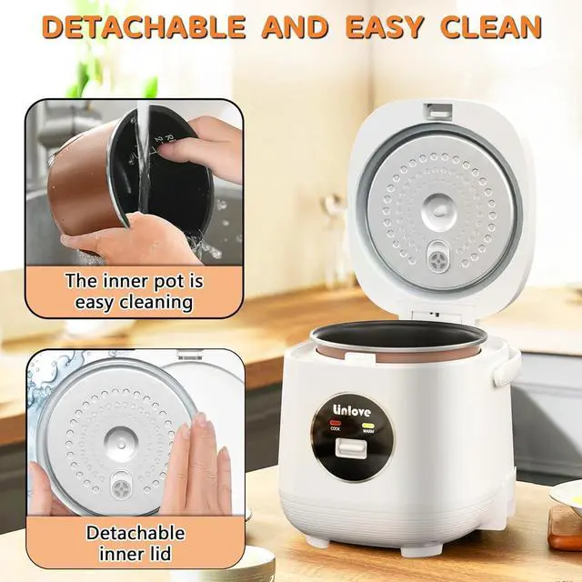 Alt view image 4 of 6 - 3 Cups Mini Rice Cooker Portable 1.6 Quart Capacity Non-Stick Small Rice Maker, Rice cooker with BPA Free,One Touch & Keep Warm Function,Recipe Book,Food Steamer,White,120V