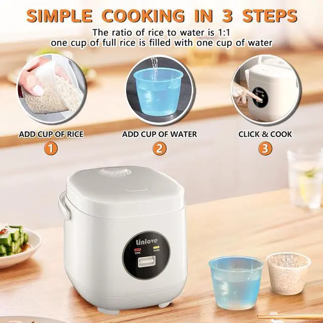 Alt view image 3 of 6 - 3 Cups Mini Rice Cooker Portable 1.6 Quart Capacity Non-Stick Small Rice Maker, Rice cooker with BPA Free,One Touch & Keep Warm Function,Recipe Book,Food Steamer,White,120V