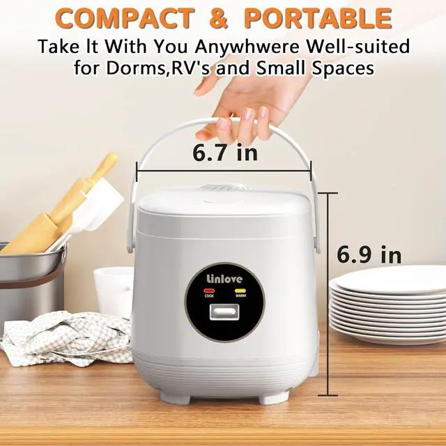 Alt view image 6 of 6 - 3 Cups Mini Rice Cooker Portable 1.6 Quart Capacity Non-Stick Small Rice Maker, Rice cooker with BPA Free,One Touch & Keep Warm Function,Recipe Book,Food Steamer,White,120V