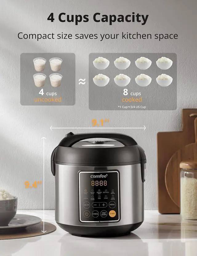 Alt view image 3 of 7 - COMFEE' Rice Cooker, 4 Cups Uncooked, 8 Cups Cooked Slow Cooker, 2 Qt Small Multicooker with 10 Presets, Steamer & Grain Cooker, Non-Stick Inner Pot