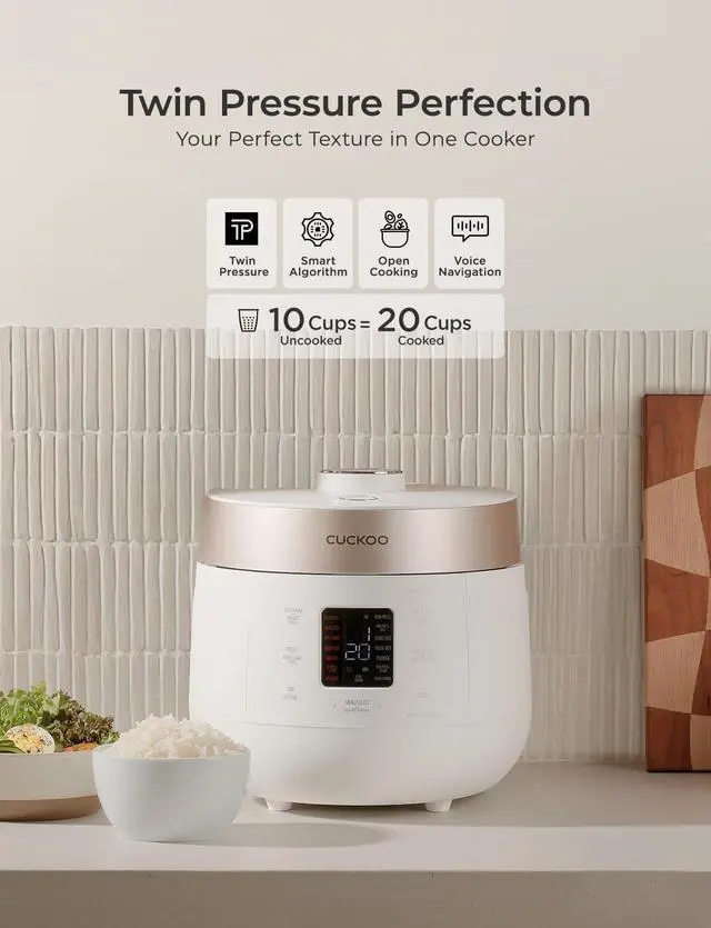 Alt view image 2 of 7 - CUCKOO CRP-ST1009FW 10-Cup (Uncooked) / 20-Cup (Cooked) Twin Pressure Rice Cooker & Warmer with Nonstick Inner Pot, 16 Menu Options, 3 Voice Guide, Auto Clean (White)