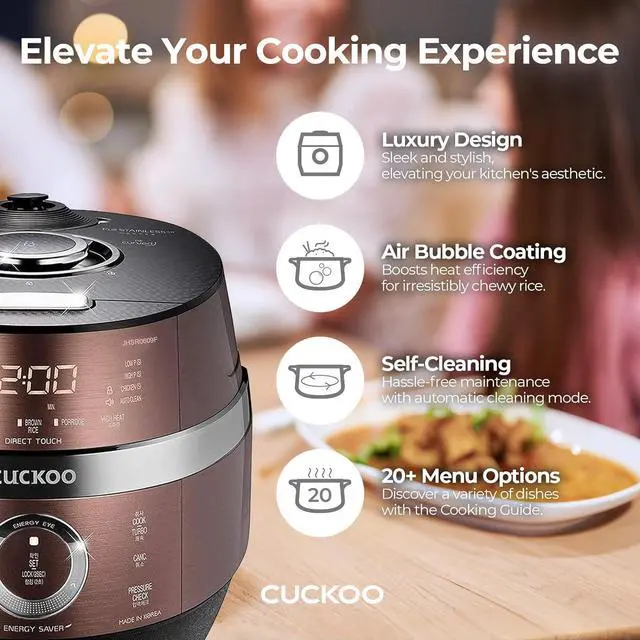 Alt view image 3 of 7 - CUCKOO CRP-JHR1009F 10-Cup (Uncooked) / 20-Cup (Cooked) Induction Heating Pressure Rice Cooker with Nonstick Inner Pot, 16 Menu Options, Fuzzy Logic Tech, 3 Voice Guide, Auto Clean (Copper/Black)