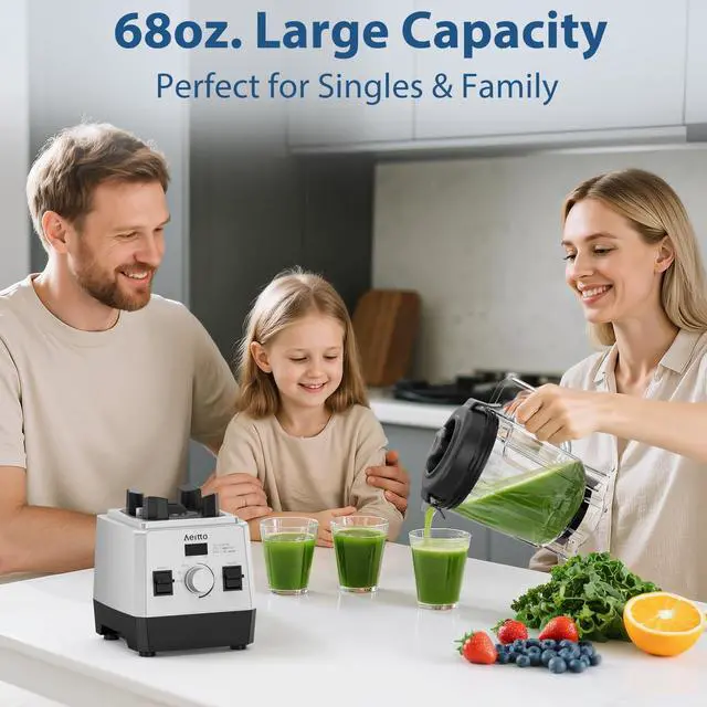 Alt view image 3 of 7 - Aeitto Blenders for Kitchen with 68Oz. Large Capacity, 1800W Max Power Smoothie Blender, 3 Preset Programs & 7 Speeds, Professional Countertop Blender for Smoothies, Ice Crush, Frozen Drinks, Silver