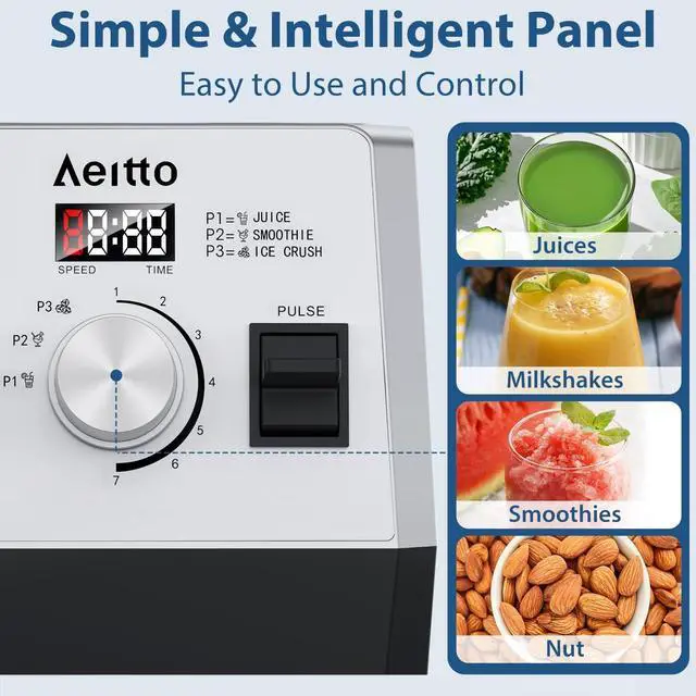 Alt view image 5 of 7 - Aeitto Blenders for Kitchen with 68Oz. Large Capacity, 1800W Max Power Smoothie Blender, 3 Preset Programs & 7 Speeds, Professional Countertop Blender for Smoothies, Ice Crush, Frozen Drinks, Silver