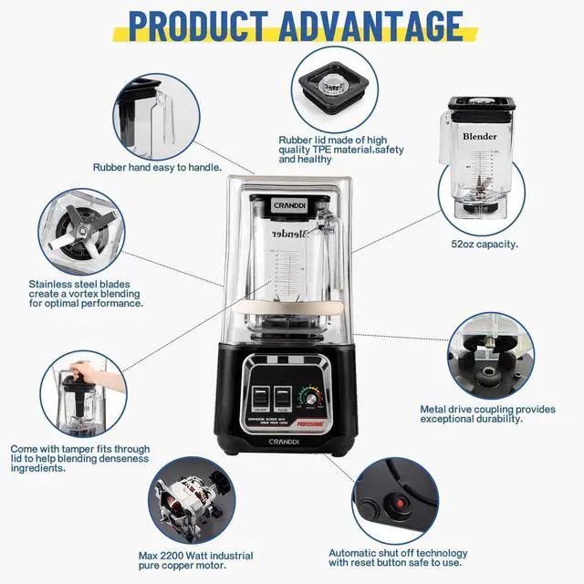 Alt view image 6 of 7 - CRANDDI Commercial Blender, 2200W Countertop Blenders with Removable Shield, Quiet Smoothie Blender for Shakes and Ice Crushing, 52oz, 38000 RPM Professional Blenders for Kitchen, K80 (Black)