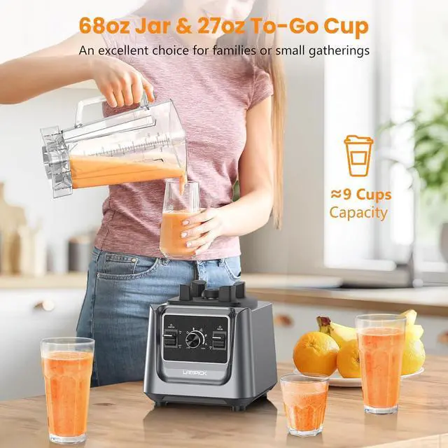 Alt view image 4 of 7 - Blenders for Kitchen, 2000W Professional Grade High-Speed Countertop Blender with 68oz Pitcher & 27oz To-Go Cup for Smoothies, Ice, and Frozen Fruit, BPA-Free, Dishwasher Safe