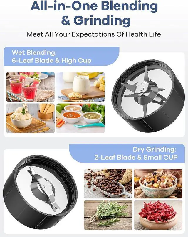 Alt view image 2 of 7 - Ganiza Smoothie Blender, 900W Blenders for Shakes and Smoothies, 15-Piece Personal Blender and Grinder Combo for Kitchen, Smoothies Maker with 4 BPA-Free Portable Cup, Nutritious Recipe