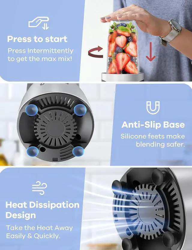 Alt view image 5 of 7 - Ganiza Smoothie Blender, 900W Blenders for Shakes and Smoothies, 15-Piece Personal Blender and Grinder Combo for Kitchen, Smoothies Maker with 4 BPA-Free Portable Cup, Nutritious Recipe