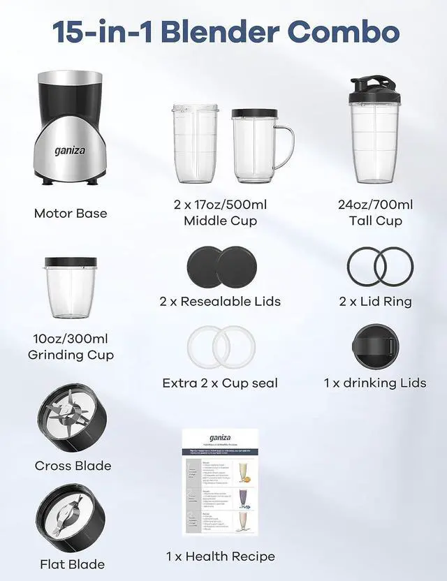 Alt view image 6 of 7 - Ganiza Smoothie Blender, 900W Blenders for Shakes and Smoothies, 15-Piece Personal Blender and Grinder Combo for Kitchen, Smoothies Maker with 4 BPA-Free Portable Cup, Nutritious Recipe