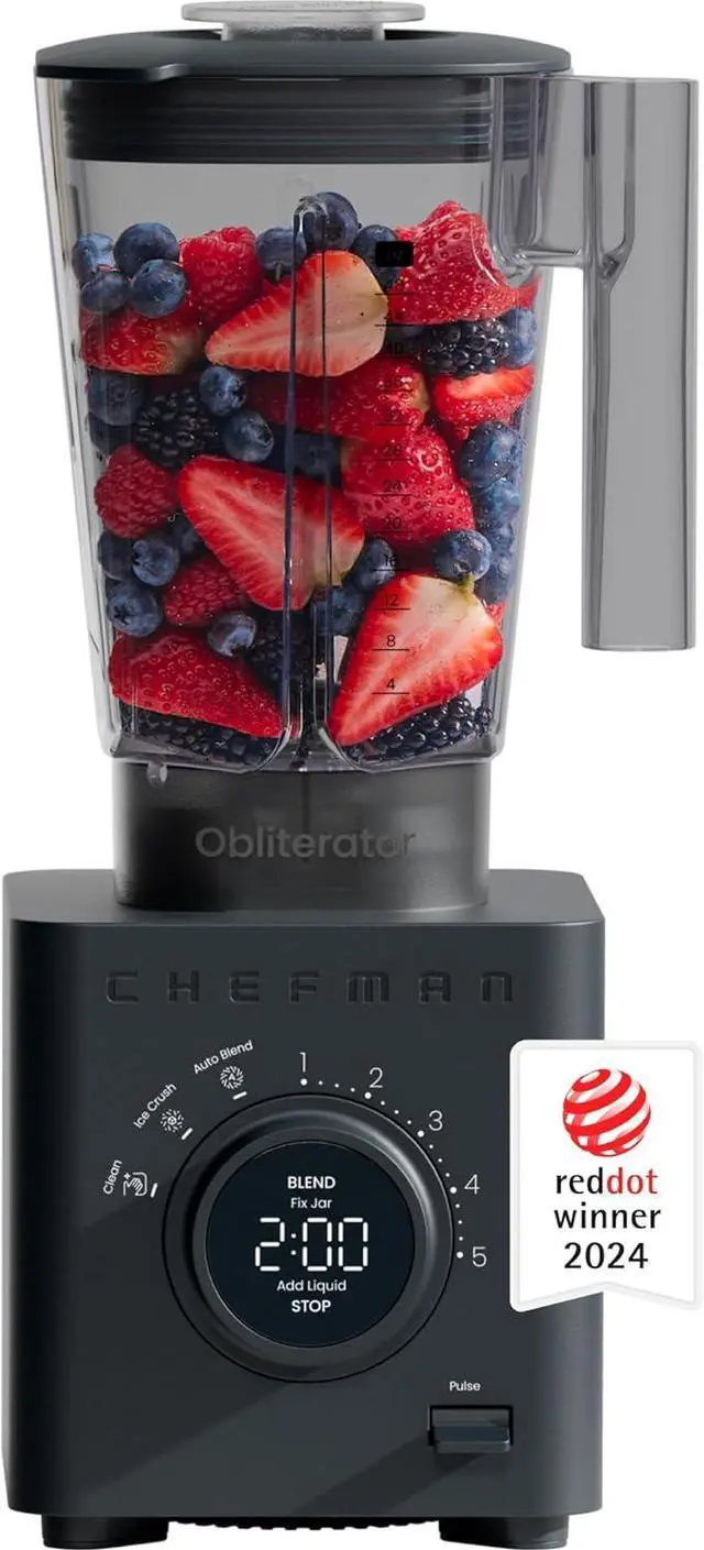 Main image of Chefman Obliterator 48 oz Countertop Blender for Smoothies, 1380W Motor to Crush Ice, Nuts, and Frozen Fruit with Stainless Steel Blade, Auto Blend Function, Includes Tamper and Scraper - Midnight