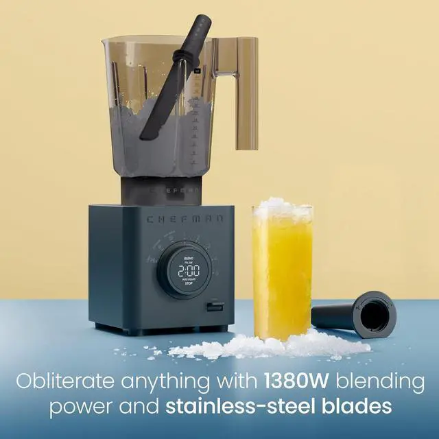 Alt view image 2 of 7 - Chefman Obliterator 48 oz Countertop Blender for Smoothies, 1380W Motor to Crush Ice, Nuts, and Frozen Fruit with Stainless Steel Blade, Auto Blend Function, Includes Tamper and Scraper - Midnight