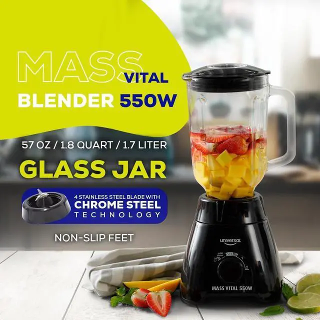 Alt view image 2 of 6 - Universal 550W Mass Vital Blender - Glass Jar 57 Oz / 1.8 Quart / 1.7 Liter - 7-cup, 2 Speed + Pulse Function and 4 Stainless Steel Blade with Chrome Steel Technology
