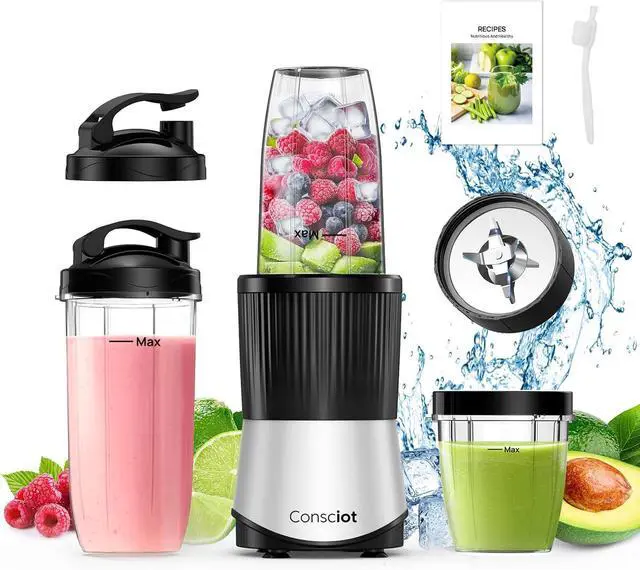 Main image of Consciot CB08 11-Piece Blender for Kitchen and Personal Size, Blend Shakes and Smoothies, Frozen Drinks, Baby Food, Spreads & More, 3 Portable To-Go Cups & 2 Spout Lids & 1 Solid Lid, 900 Peak Watts