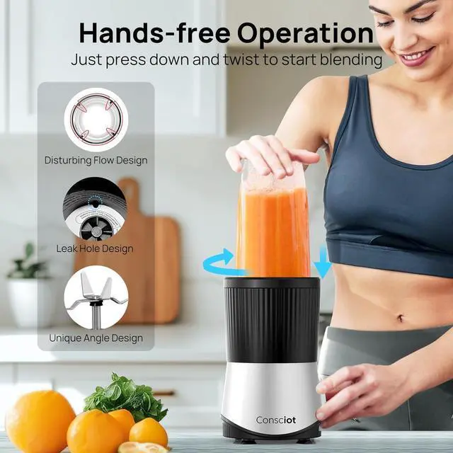Alt view image 3 of 7 - Consciot CB08 11-Piece Blender for Kitchen and Personal Size, Blend Shakes and Smoothies, Frozen Drinks, Baby Food, Spreads & More, 3 Portable To-Go Cups & 2 Spout Lids & 1 Solid Lid, 900 Peak Watts