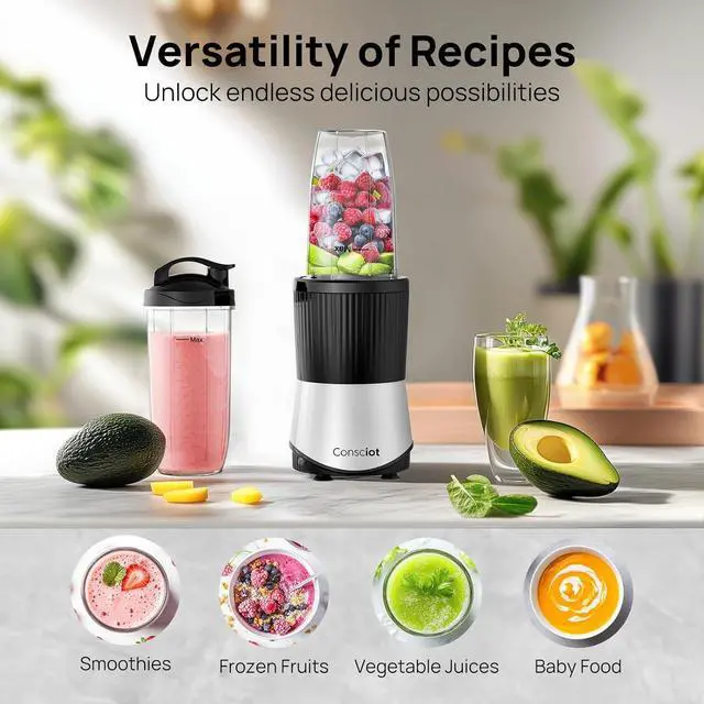 Alt view image 4 of 7 - Consciot CB08 11-Piece Blender for Kitchen and Personal Size, Blend Shakes and Smoothies, Frozen Drinks, Baby Food, Spreads & More, 3 Portable To-Go Cups & 2 Spout Lids & 1 Solid Lid, 900 Peak Watts