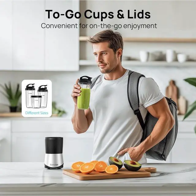 Alt view image 6 of 7 - Consciot CB08 11-Piece Blender for Kitchen and Personal Size, Blend Shakes and Smoothies, Frozen Drinks, Baby Food, Spreads & More, 3 Portable To-Go Cups & 2 Spout Lids & 1 Solid Lid, 900 Peak Watts
