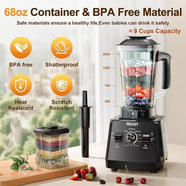 Alt view image 3 of 7 - Professional Blender,Smoothies Blenders, PRASKY Max.2400Watts/1000Watts Blender and Grinder Combo 25000RPM Powerful Kitchen 68oz BPA Free 2 Containers Countertop Blenders Ice Crushing, Juice
