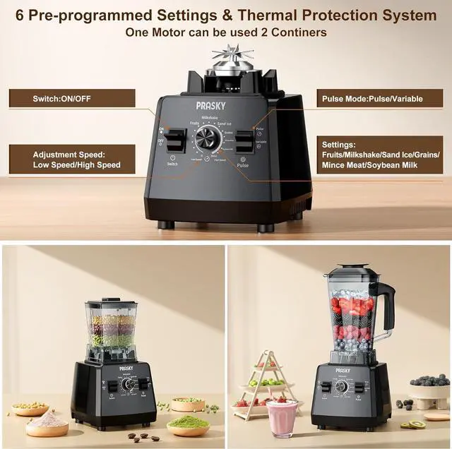 Alt view image 4 of 7 - Professional Blender,Smoothies Blenders, PRASKY Max.2400Watts/1000Watts Blender and Grinder Combo 25000RPM Powerful Kitchen 68oz BPA Free 2 Containers Countertop Blenders Ice Crushing, Juice