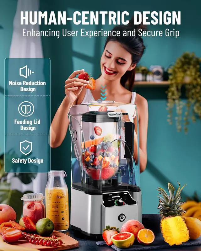 Alt view image 3 of 7 - WantJoin Commercial Professional Blender With Shield Quiet Sound Enclosure 2200W Industries Strong and Quiet Professional-Grade Power, Self-Cleaning, Silver