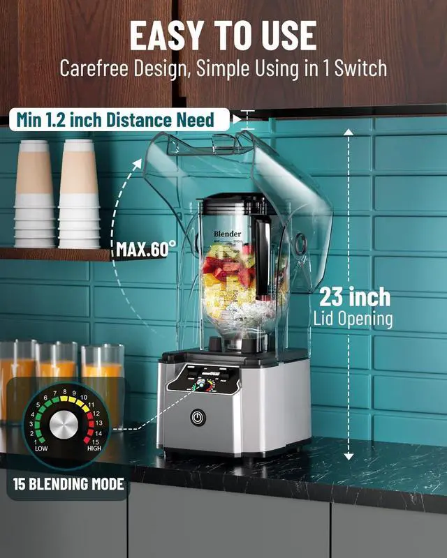 Alt view image 4 of 7 - WantJoin Commercial Professional Blender With Shield Quiet Sound Enclosure 2200W Industries Strong and Quiet Professional-Grade Power, Self-Cleaning, Silver