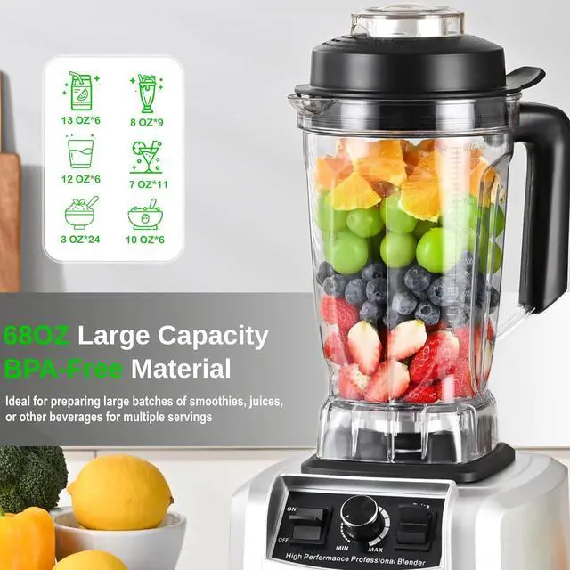 Alt view image 2 of 6 - Kitchen in the box Blender 68 OZ, Professional High Performance Kitchen Smoothie Blenders with Stainless Steel Blades, BPA Free Blender Creating Frozen Drinks, Ice Crush, Protein Shakes (Silver)