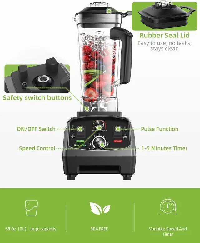 Alt view image 3 of 7 - BioloMix Professional Blender,Smoothie Blender,Blender for Kitchen with 2200-Watt Motor,68 Oz Large Capacity,High Speed Blender for Shakes, Smoothies, Ice Crushing, Frozen Fruits (with Extra Parts)