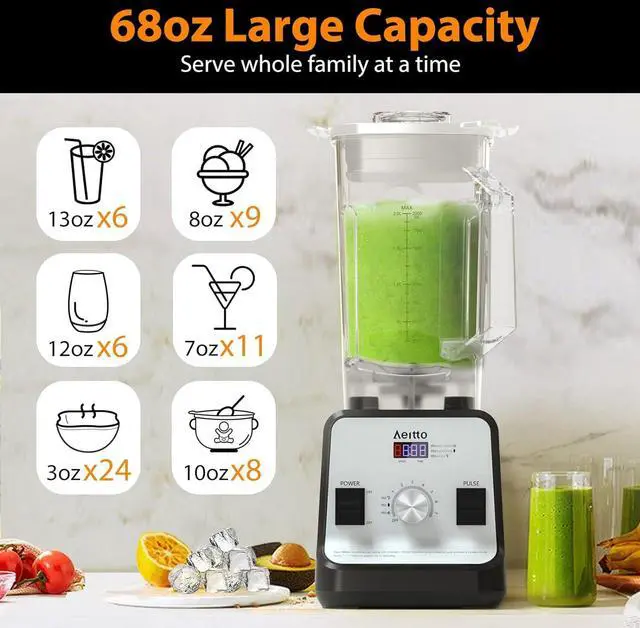 Alt view image 3 of 6 - Aeitto Blender, Blenders for Kitchen with 1500-Watt Motor, 68 Oz Large Capacity, Professional Countertop Blenders for Ice Crush, Frozen Drinks, Silver