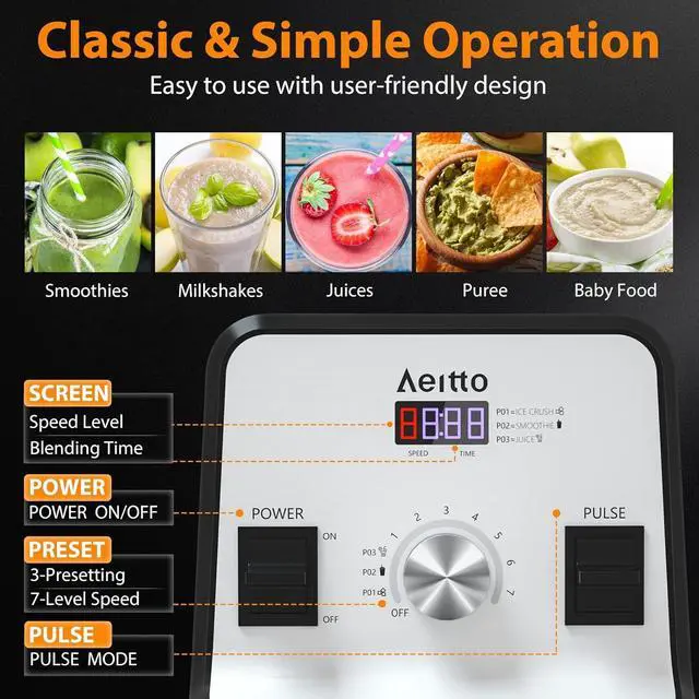 Alt view image 2 of 6 - Aeitto Blender, Blenders for Kitchen with 1500-Watt Motor, 68 Oz Large Capacity, Professional Countertop Blenders for Ice Crush, Frozen Drinks, Silver