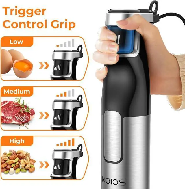 Alt view image 2 of 7 - KOIOS Immersion Blender Handheld - Trigger Variable Speed 5-in-1 Immersion Hand Blender 1100W, Anti-Scratch Stainless Steel Shaft, Chopper & Milk Frother, Non-BPA for Soup, Baby Food and Smoothies