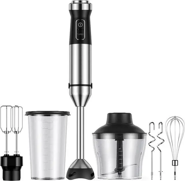 Main image of Immersion Blender, 6-in-1 1000W Hand Blender, Scratch-Resistant hand mixer with 20 Speeds, Whisk, Chopper, Beaker, Egg Beaters & Dough Hooks, Stainless Steel, Black