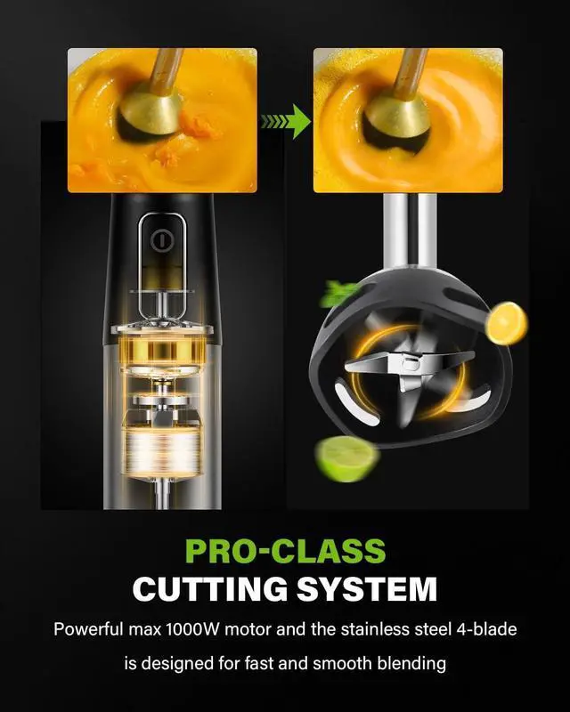 Alt view image 3 of 6 - Immersion Blender, 6-in-1 1000W Hand Blender, Scratch-Resistant hand mixer with 20 Speeds, Whisk, Chopper, Beaker, Egg Beaters & Dough Hooks, Stainless Steel, Black