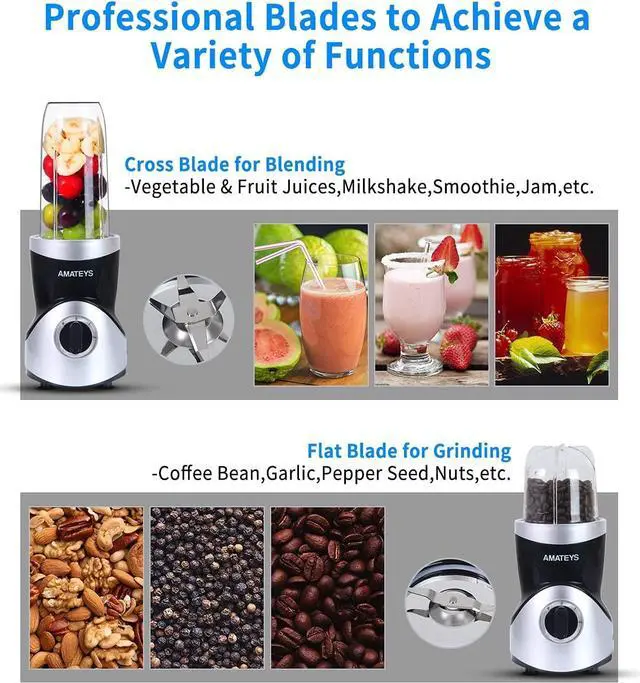 Alt view image 2 of 6 - Personal Blender for Shakes and Smoothies,Professional Kitchenblender with Blending & Grinding Blades, Portable Coffee Grinder with 24/10 OZ Travel Bottles, Adjustable Speeds Juice Blender