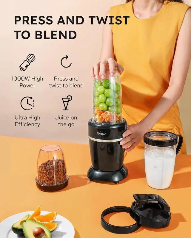 Alt view image 2 of 7 - Sangcon 1000W Blender for Smoothies, Blenders for Kitchen with (3) Cups (2) Spout Covers (1) Storage Cap (1) To-Go Cap, Portable Blender for Shakes and Smoothies, Ice Crushing, Frozen Drinks, Spices