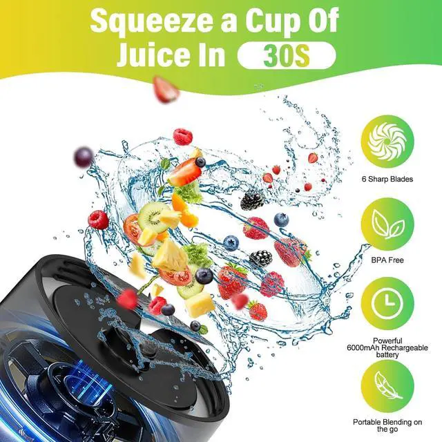 Alt view image 2 of 7 - Portable Blender, 360 Watt Personal Blender for Shakes and Smoothies, 6000mAh USB Rechargeable, BPA Free 24 Oz Juicer Cup with 6 Blades and Lid, Self Cleaning Portable Juicer for Kitchen/Travel, Black