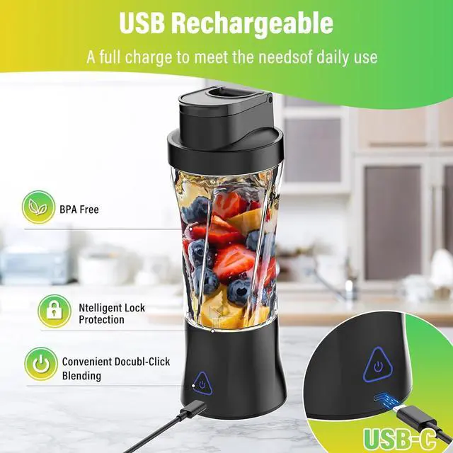 Alt view image 6 of 7 - Portable Blender, 360 Watt Personal Blender for Shakes and Smoothies, 6000mAh USB Rechargeable, BPA Free 24 Oz Juicer Cup with 6 Blades and Lid, Self Cleaning Portable Juicer for Kitchen/Travel, Black