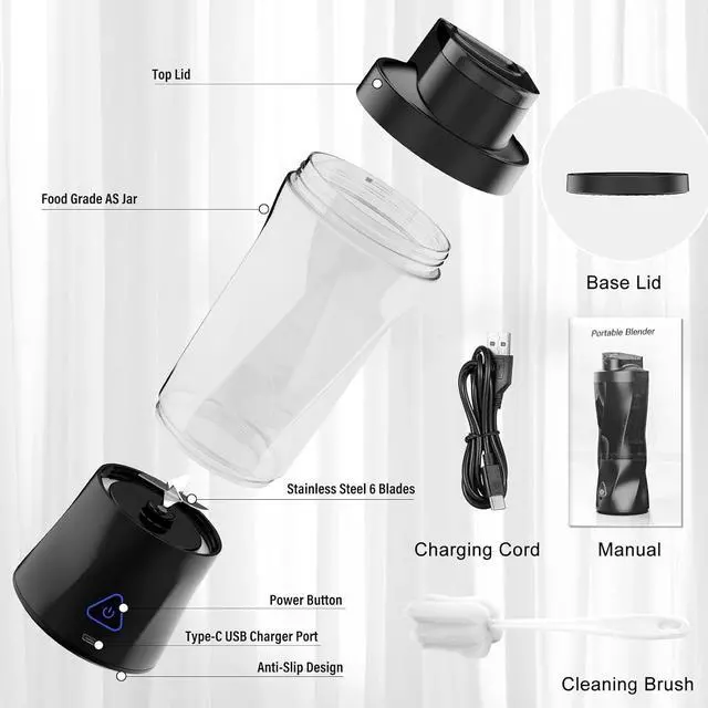 Alt view image 7 of 7 - Portable Blender, 360 Watt Personal Blender for Shakes and Smoothies, 6000mAh USB Rechargeable, BPA Free 24 Oz Juicer Cup with 6 Blades and Lid, Self Cleaning Portable Juicer for Kitchen/Travel, Black