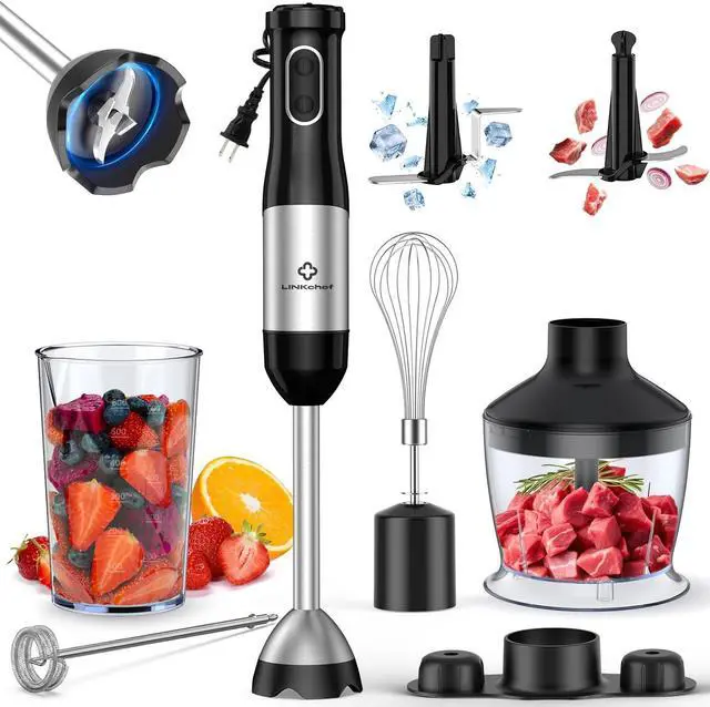 Main image of LINKChef 7 in 1 Immersion Blender Handheld, 800W Hand Blender Set, Scratch Resistant with 2 Titanium Steel Blades, 20 Speed and Turbo Mode, Includes Whisk, Milk Frother, Food Processor & Beaker